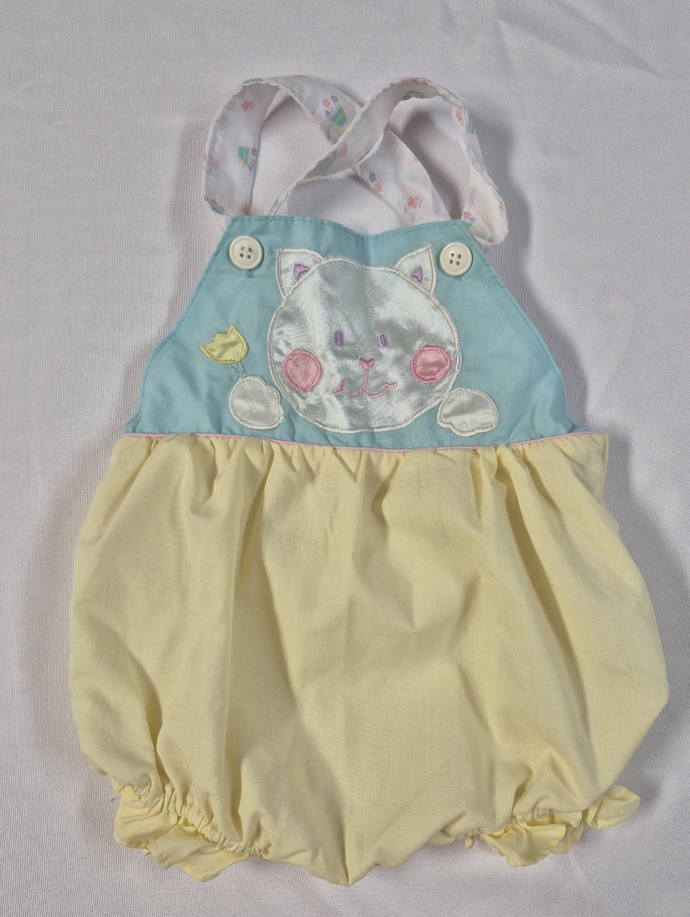 VTG Baby Girl 6/9 Months Pastel Kitty With Flowers Bubble Romper